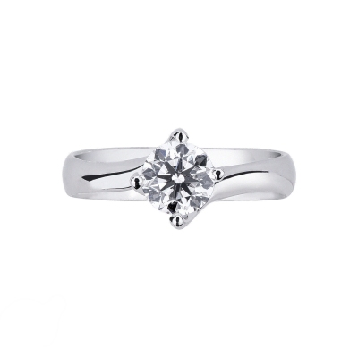Bague solitaire à quatre griffes avec bandeau contrarié ct. 0,90