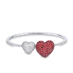 Bracelet or blanc avec deux cœurs en rubis et diamant