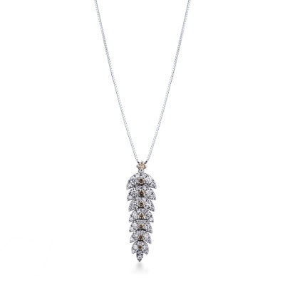 Collier en Or Blanc 18k avec Pendentif Plume en Diamants Blancs et Bruns