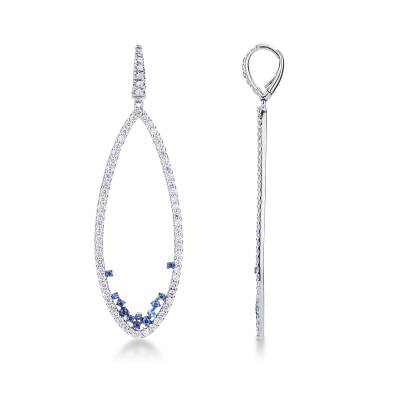 Boucles d'oreilles ovales en or blanc 18k avec diamants et saphirs bleus