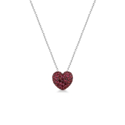 Collier en or blanc 18k et pendentif cœur pavé en rubis