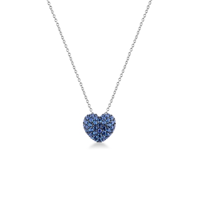 Collier en or blanc 18k avec cœur en saphirs bleus