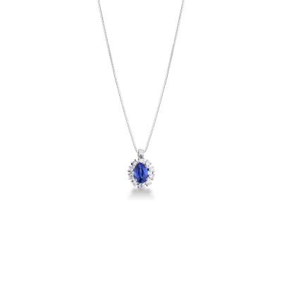 Collier halo en or blanc 18K saphir bleu 6x4 mm