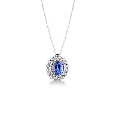 Collier en or blanc 18k avec tanzanite ovale et double halo de diamants