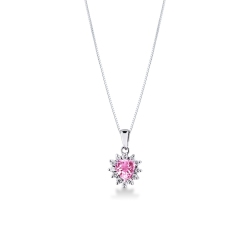Collier en Or Blanc 18k avec Pendentif Cœur, Saphir Rose et Diamants