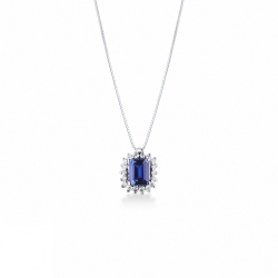 Chaîne en or blanc 18k avec pendentif saphir bleu et diamants
