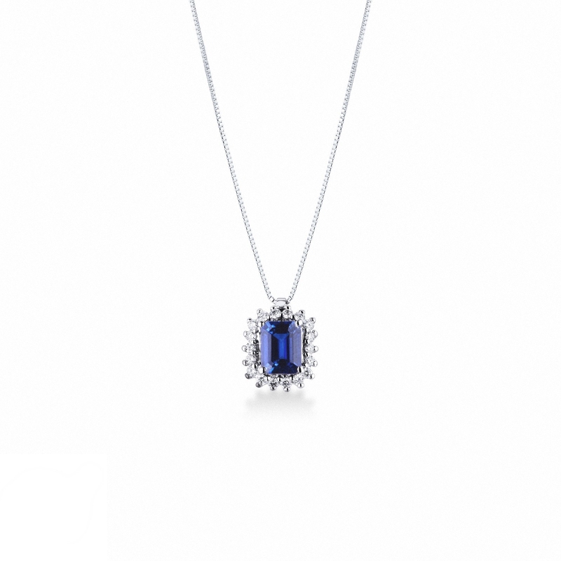 Chaîne en or blanc 18k avec pendentif saphir bleu et diamants