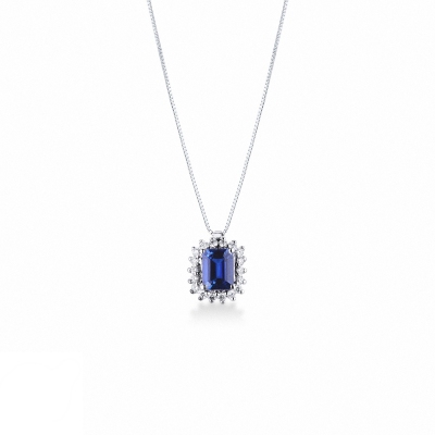Chaîne en or blanc 18k avec pendentif saphir bleu et diamants