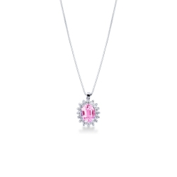 Pendentif halo en or blanc 18 carats avec saphir rose ovale et diamants