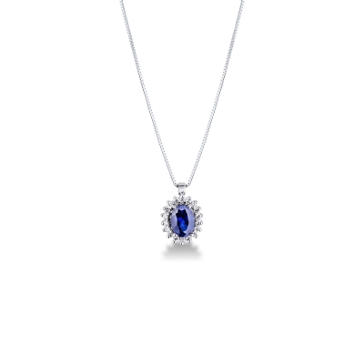 Collier en or blanc 18k avec diamants et saphir bleu ovale au centre