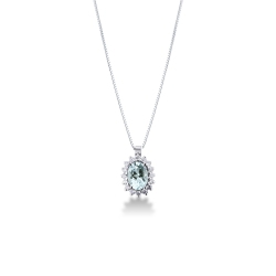 Collier pendentif en or blanc 18k avec halo diamants et aigue-marine ovale