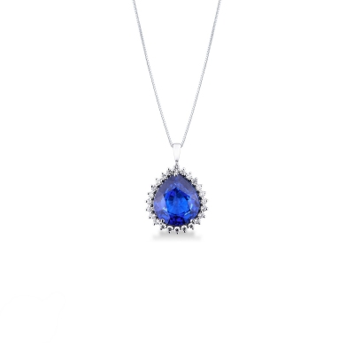 Collier en or blanc 18k avec saphir bleu et halo de diamants