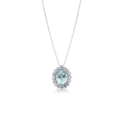 Collier halo en or blanc 18k avec pendentif en aigue-marine ovale diamants