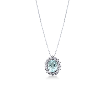 Collier halo en or blanc 18k avec pendentif en aigue-marine ovale diamants