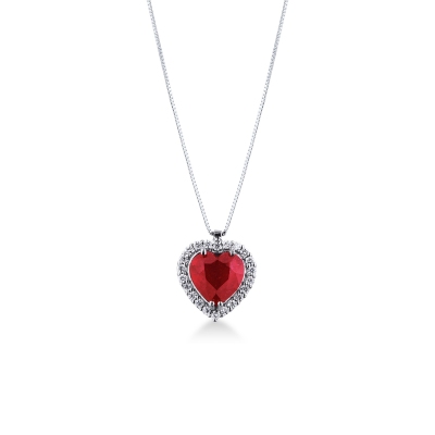 Collier en or blanc 18k avec cœur en diamants et rubis