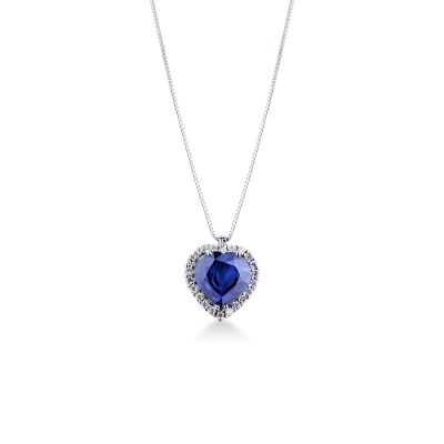 Collier en or blanc 18k avec cœur en diamants et saphir bleu