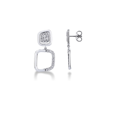 Boucles d’oreilles pendantes en or blanc 18k carrés et diamants