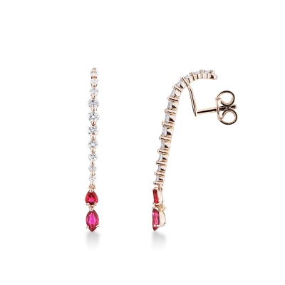 Boucles d’oreilles en or rose 18k avec pendants en rubis et diamants