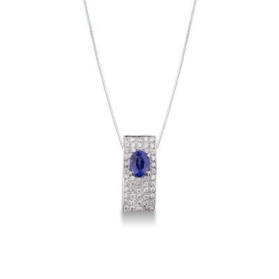 Collier en or blanc 18k avec diamants et saphir bleu