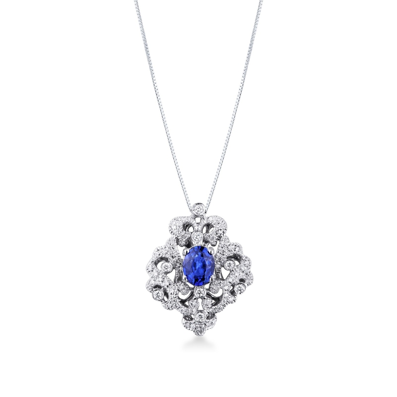 Collier en or blanc 18k avec pendentif rosace saphir bleu et diamants