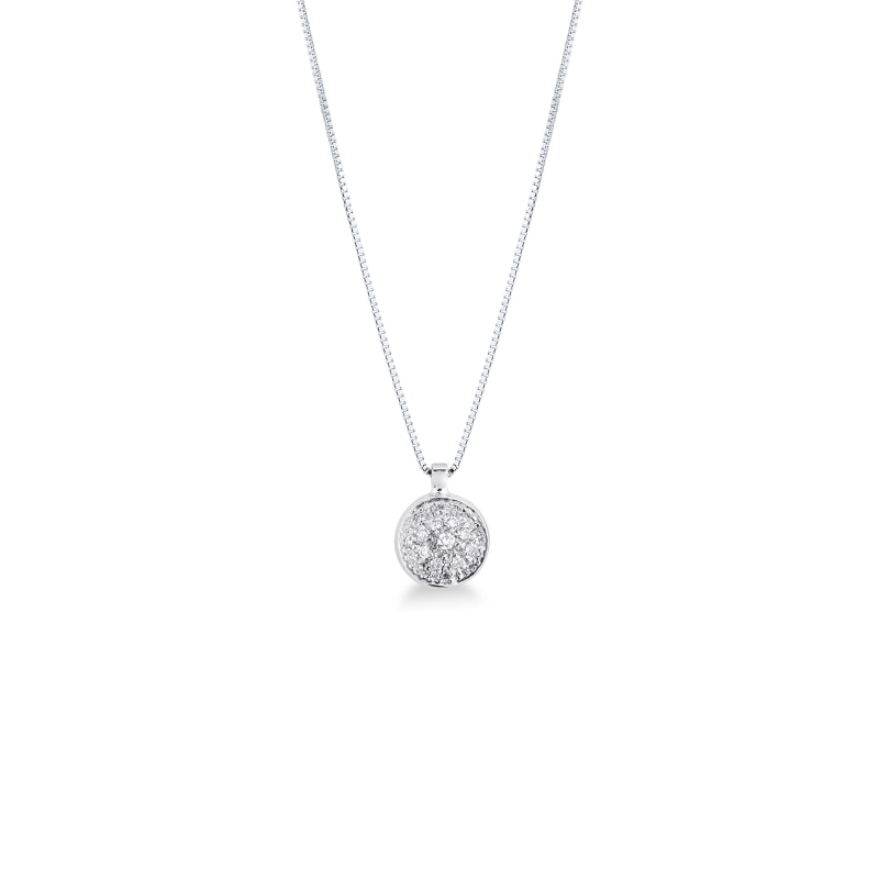Collier en or blanc 18k avec pendentif rond pavé de diamants