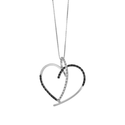 Collier en or blanc 18k avec pendentif cœur et diamants blancs et noirs