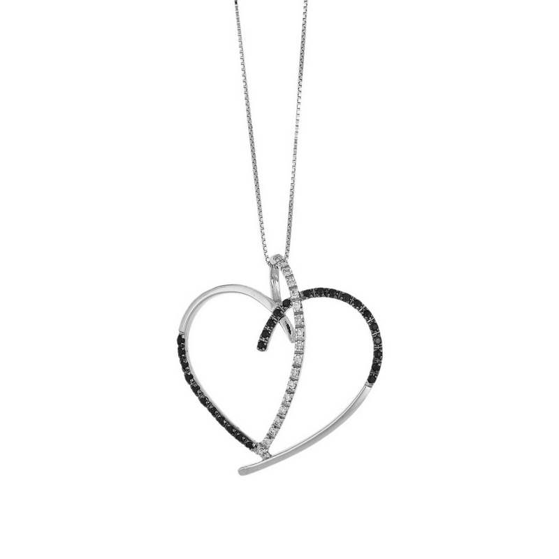 Collier en or blanc 18k avec pendentif cœur et diamants blancs et noirs
