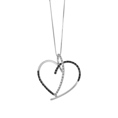 Collier en or blanc 18k avec pendentif cœur et diamants blancs et noirs