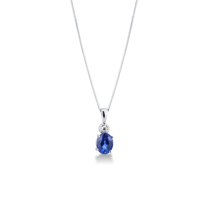 Chaîne en or blanc 18k avec diamant et saphir bleu