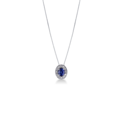 Collier en or blanc 18K saphir bleu et diamants latéraux
