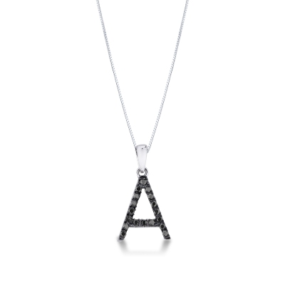 Pendentif lettre A collier or blanc et diamants noir