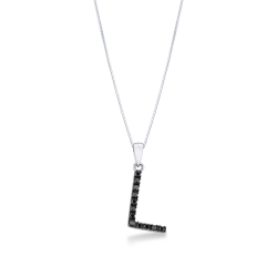 Collier en or blanc 18 carats avec pendentif lettre L gravée et diamants noirs
