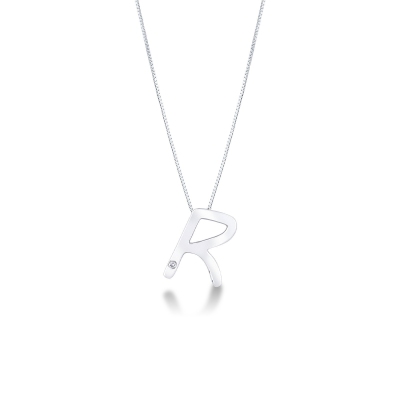 Collier or blanc 18k lettre R diamant