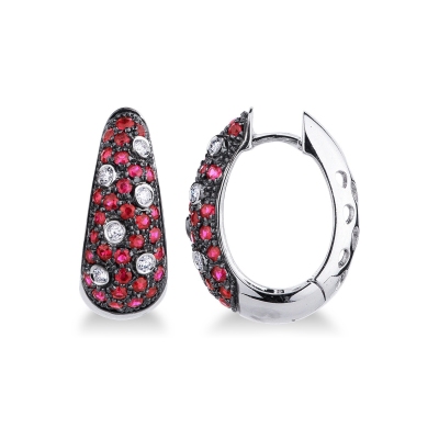 Boucles d’oreilles créoles en or blanc 18k avec diamants et rubis