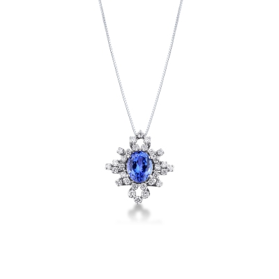 Collier Tanzanite Ovale & Diamants Halo Or Blanc 18k