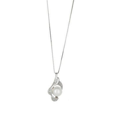 Collier en Or Blanc 18k avec Diamants et Perle Naturelle