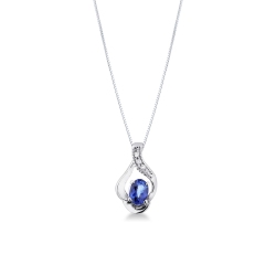 Collier Femme Saphir Bleu Ovale & Diamants Brillants Or Blanc 18k