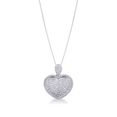 Pendentif en or blanc 18k en forme de coeur pavé de diamants