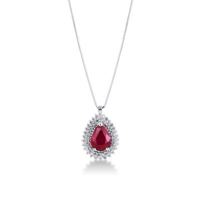 Collier avec pendentif goutte en or blanc 18k et rubis