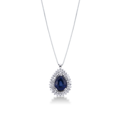 Collier halo en or blanc 18k avec un saphir bleu 