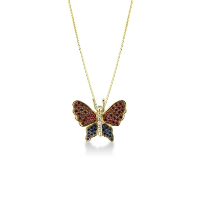 Collier pendentif papillon en or jaune 18 carats rubis et saphirs