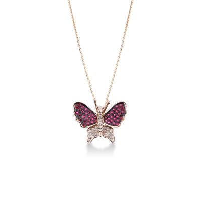 Collier pendentif papillon en or rose avec diamants et rubis