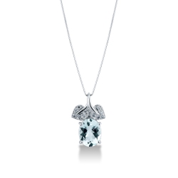 Collier en or blanc 18k en forme de feuille avec diamants et aigue-marine