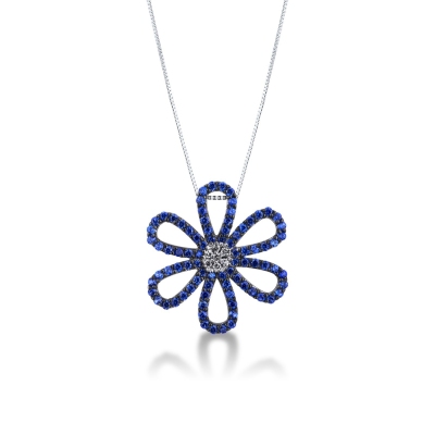 Collier en or blanc 750 avec fleur de saphirs bleus et diamants
