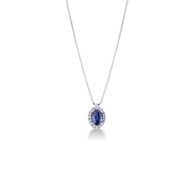 Collier halo en or blanc 18K saphir bleu entouré de diamants