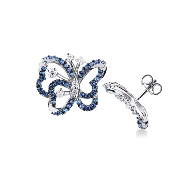 Boucles d'oreilles en or blanc 18k en forme de papillon saphirs bleus