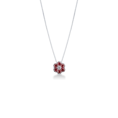 Collier fleur illusion en or blanc 18k avec diamant et rubis
