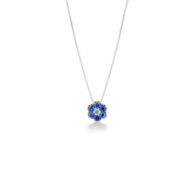 Collier en Or Blanc 18k avec Diamant et Saphirs Bleus