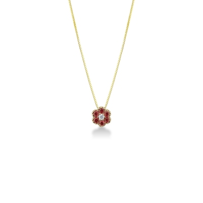 Collier avec pendentif fleur en or jaune 18k avec diamant et rubis