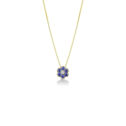 Collier en or jaune avec pendentif fleur, diamant et saphirs